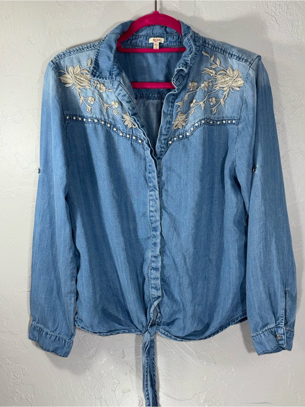 Reba Light Blue Embroidered Tie-Front Denim Blouse - Picture 9 of 12